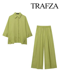 Wide elastic waist pants with simple decorative blouse