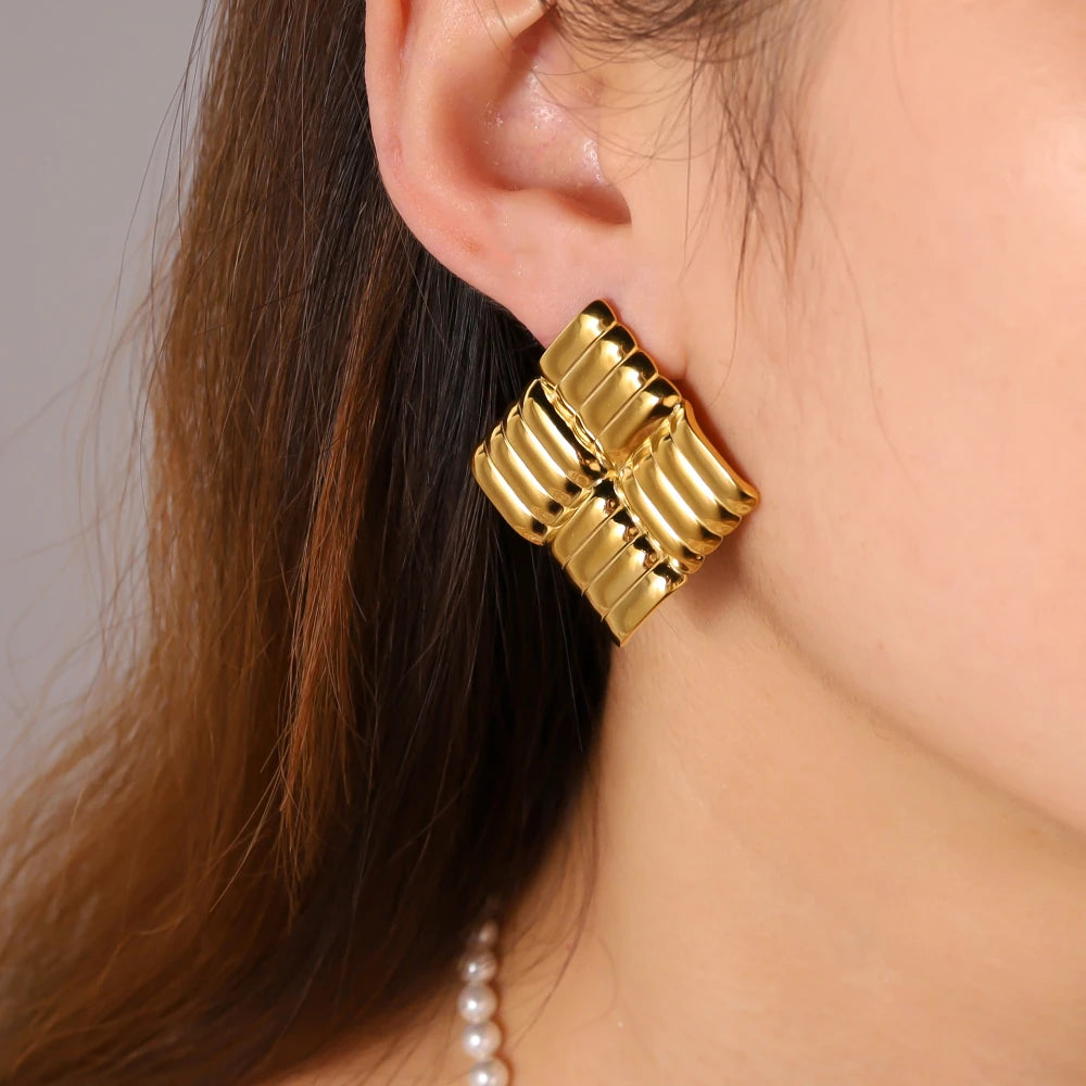 Gold Plated Textured Knot Twisted Geometric Stud Earrings