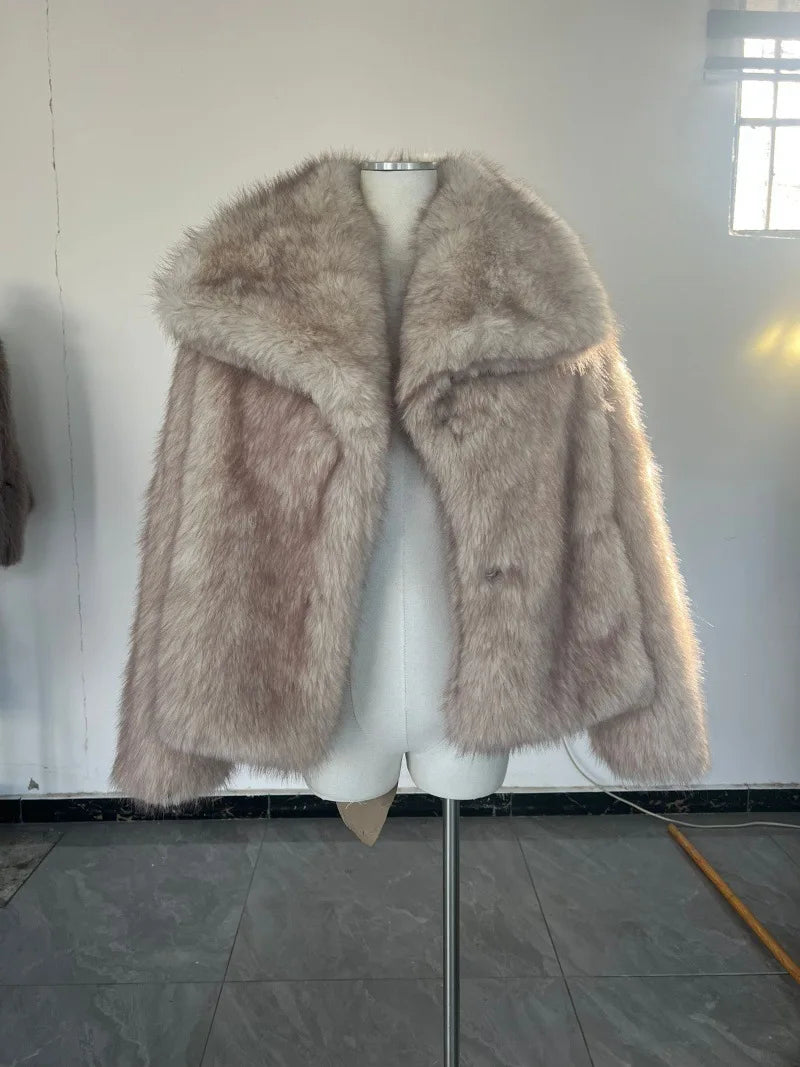 fur turn-down collar coat long sleeve cardigan