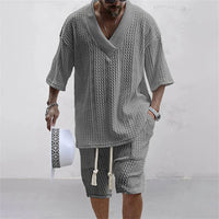 ☀️ 2-piece knitted set – V-neck T-shirt and shorts