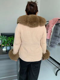 elegant knitted sweater with faux fox fur collar, fur coat