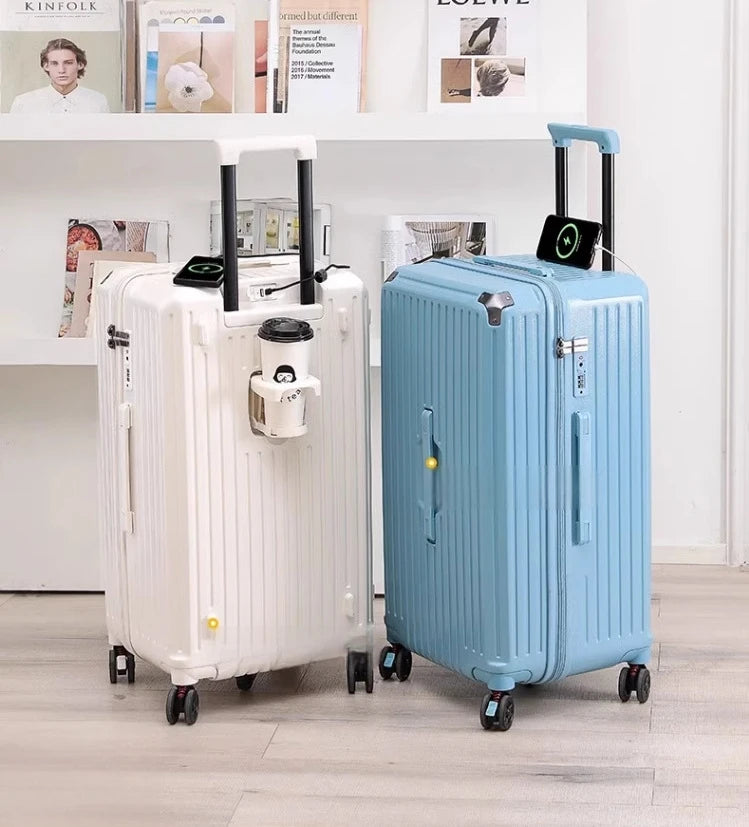 Large Capacity Valise Smart Travel Trolley Suitcase Luggage With USB Charger And Cup Holder