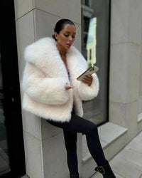 fur turn-down collar coat long sleeve cardigan