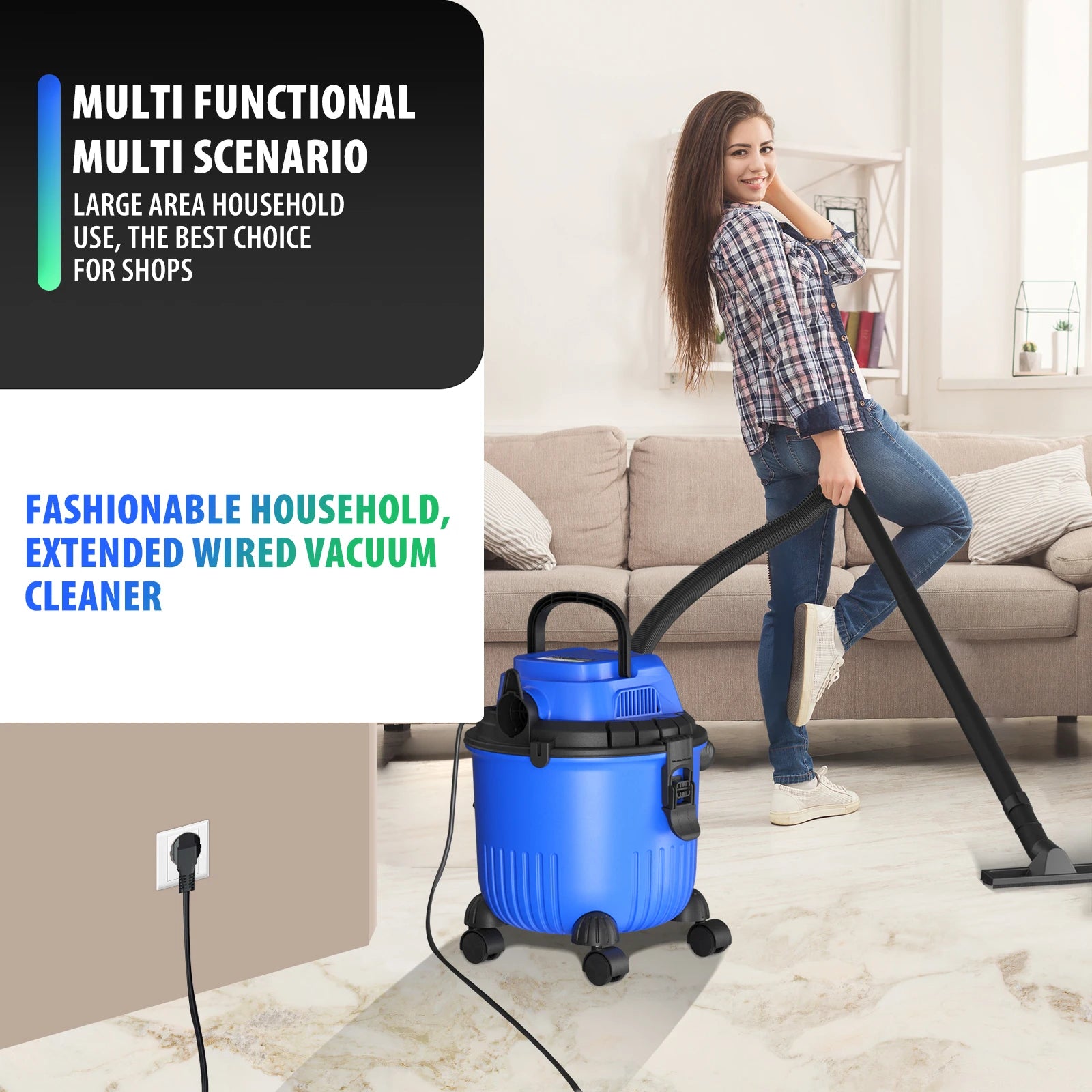 Aspirateur industriel DayPlus Hoover Wet and Dry 4800W Aspiration puissante Sans sac, 16Kpa, Capacité de 15 litres, 4 roulettes pivotantes