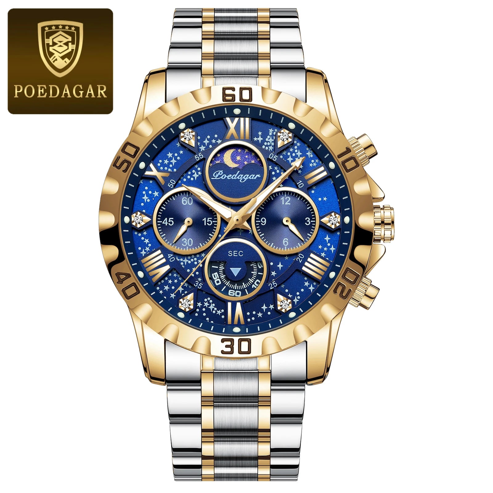 POEDAGAR Luxury Quartz Watch Sports Watch Waterproof Luminous Stainless Steel Chronograph Clock Reloj