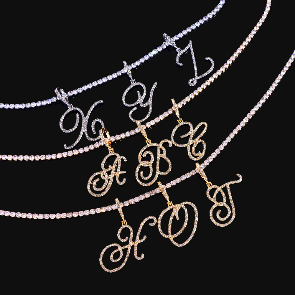 New Cursive Letters Cubic Zirconia Chain Intial Name Necklace Hip Hop Jewelry Gold Silver Color CZ 26 Alphabet Pendant Necklaces