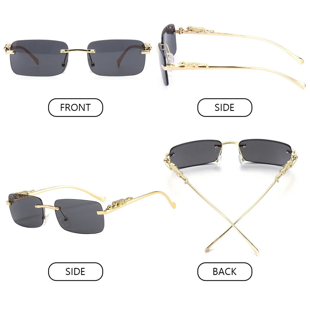 Rimless Square Sunglasses Retro Designer Gold Leopard Style Lenses