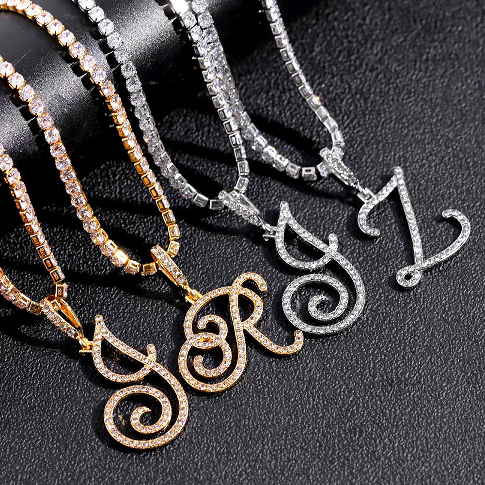 New Cursive Letters Cubic Zirconia Chain Intial Name Necklace Hip Hop Jewelry Gold Silver Color CZ 26 Alphabet Pendant Necklaces