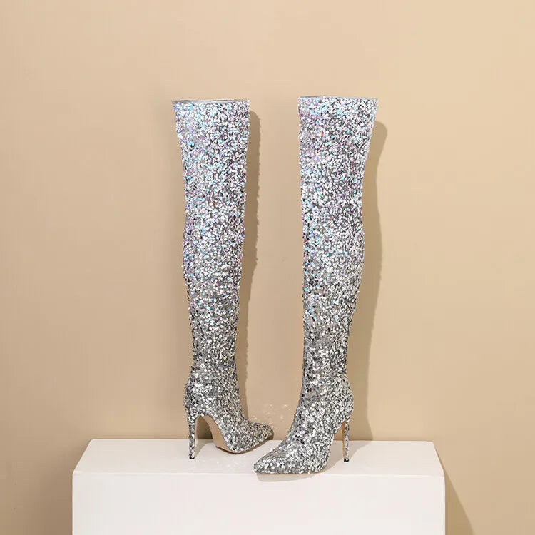 tight sequined thigh boots, gradient