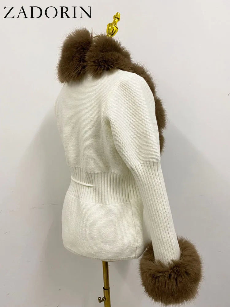 Faux Fur Coat Luxury Knitted Sweater Fur Cardigan Detachable Collar White Pink