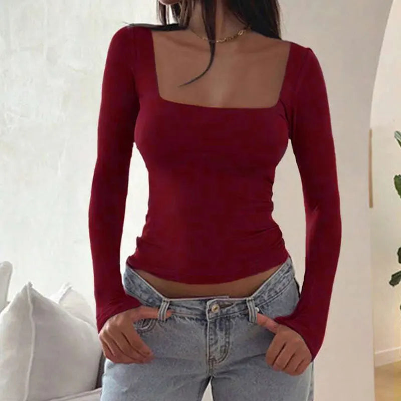 Stylish Solid T-shirt Long Sleeve Casual Versatile