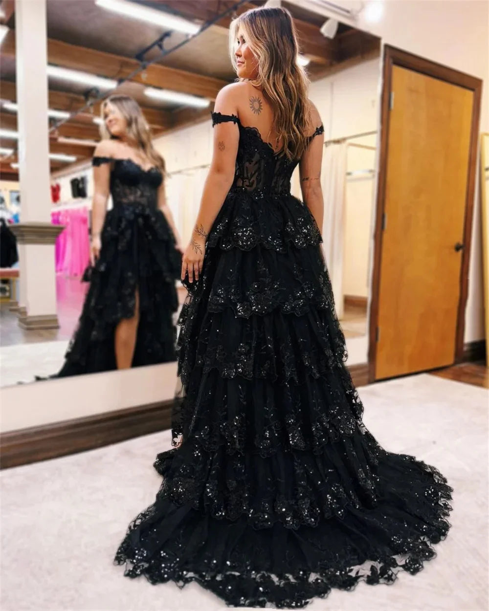 Luxurious Black Sequin Prom Dress with Lace Embroidery