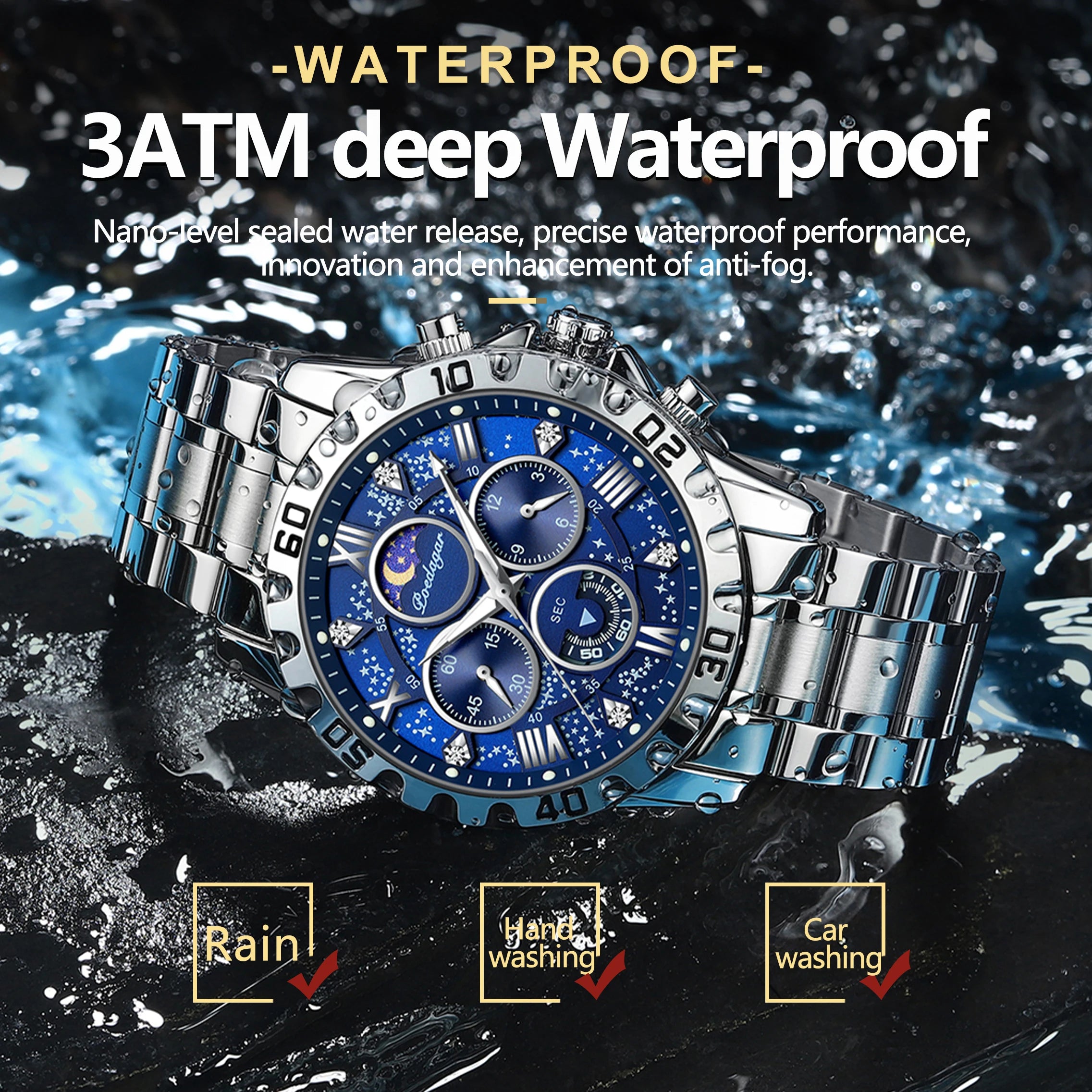 POEDAGAR Luxury Quartz Watch Sports Watch Waterproof Luminous Stainless Steel Chronograph Clock Reloj