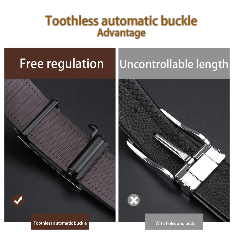 OUYIFAN Men's Fashion Belt Genuine Leather Belt for Men Automatic Buckle Ratchet Belt Random Adjustment