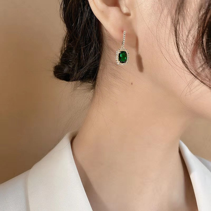 Luxury Green Emerald Square Stud Earrings