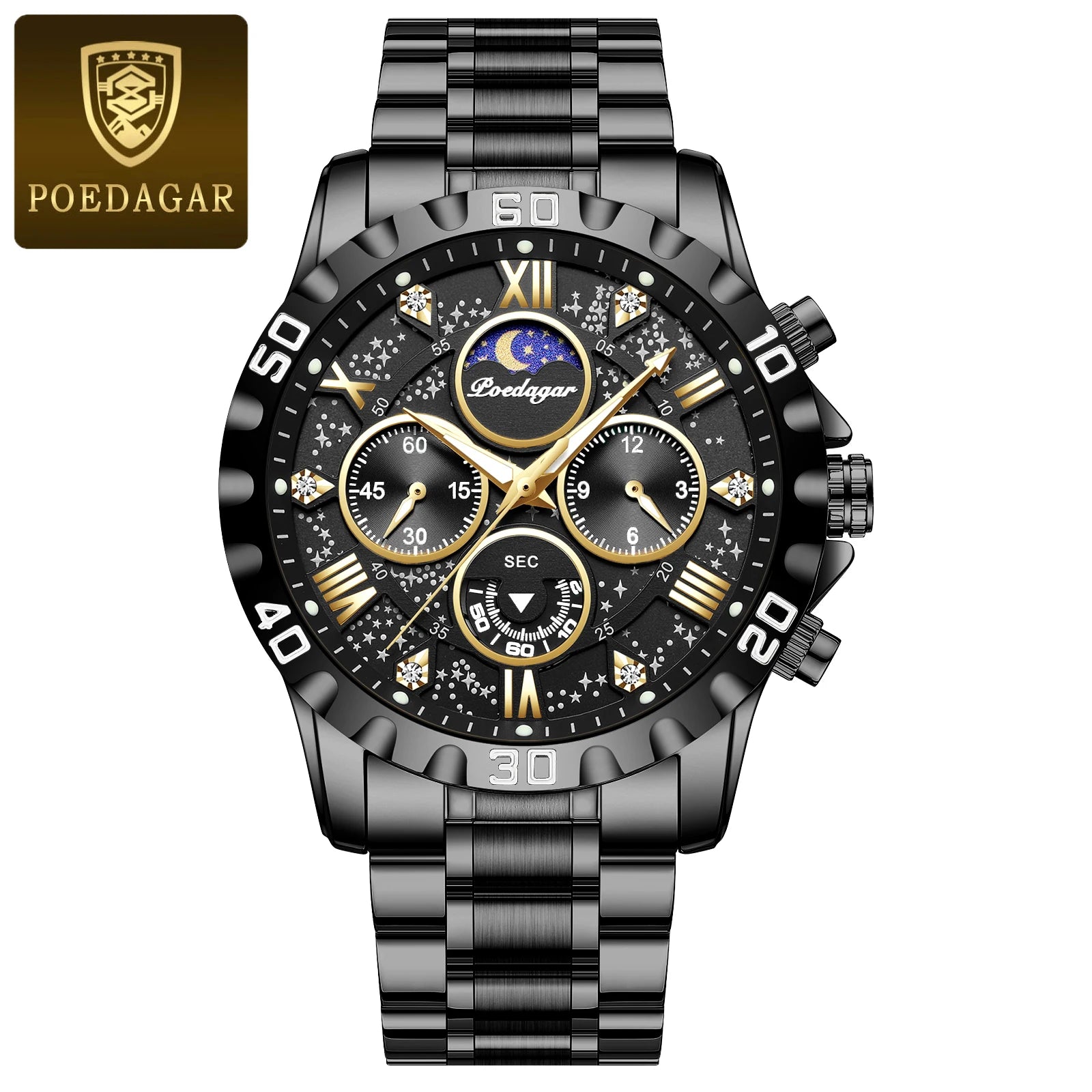 POEDAGAR Luxury Quartz Watch Sports Watch Waterproof Luminous Stainless Steel Chronograph Clock Reloj