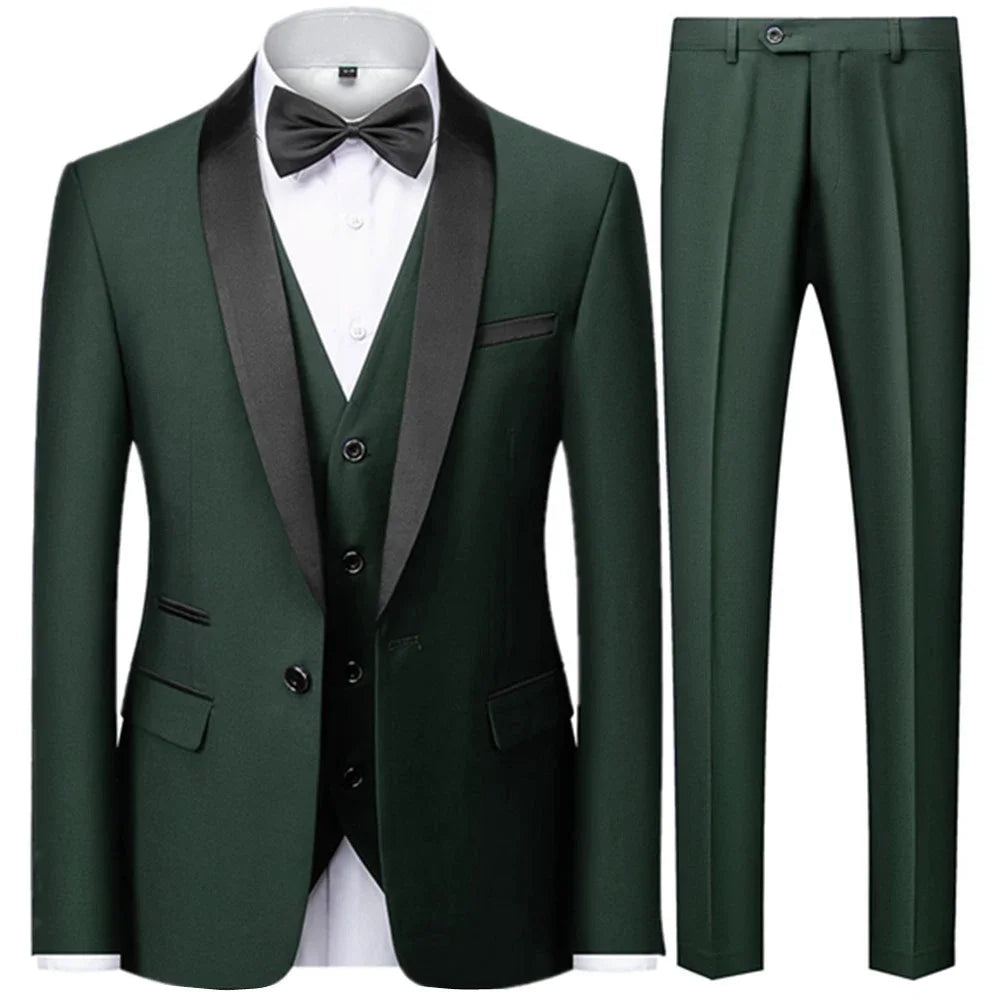 Men’s British Style Slim Suit 3 Piece Set Jacket Vest Pants