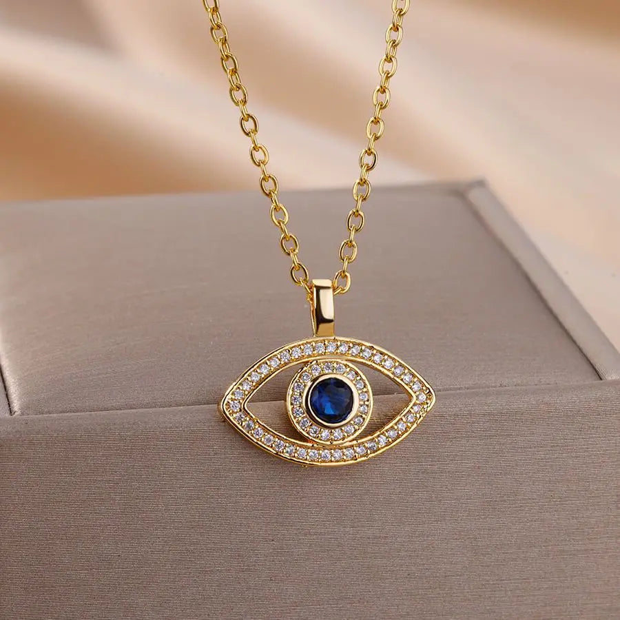 Necklace with Turkish eye pendant in stainless steel gold color