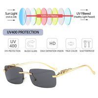 Rimless Square Sunglasses Retro Designer Gold Leopard Style Lenses