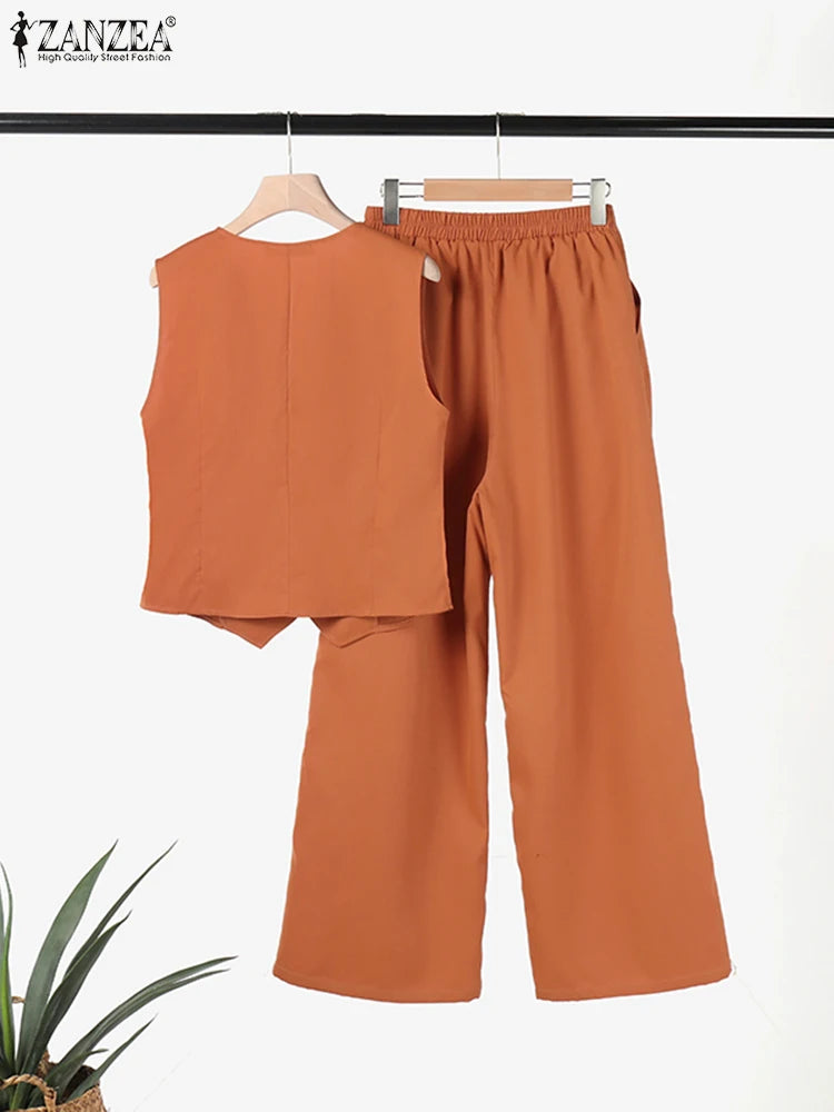 Elegant Sleeveless Wide Leg Pants Set Casual Vest