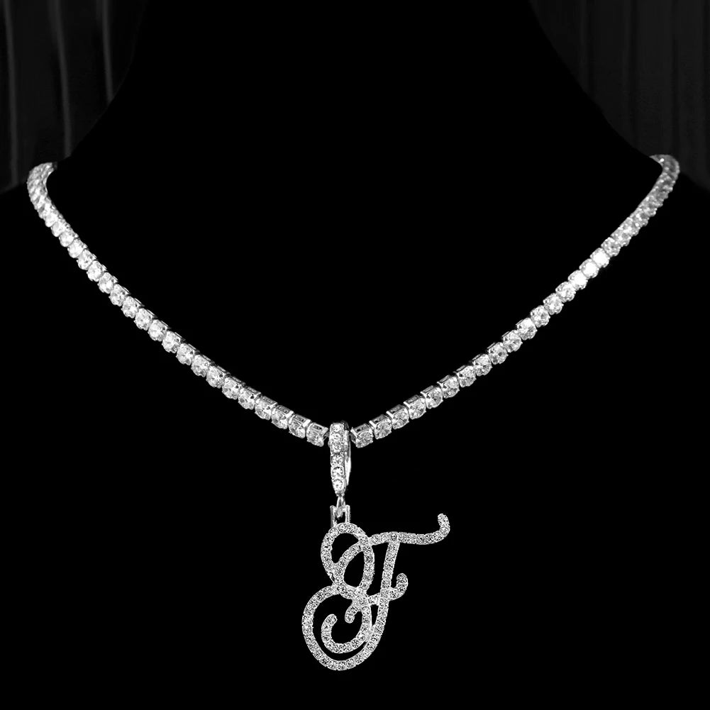 New Cursive Letters Cubic Zirconia Chain Intial Name Necklace Hip Hop Jewelry Gold Silver Color CZ 26 Alphabet Pendant Necklaces