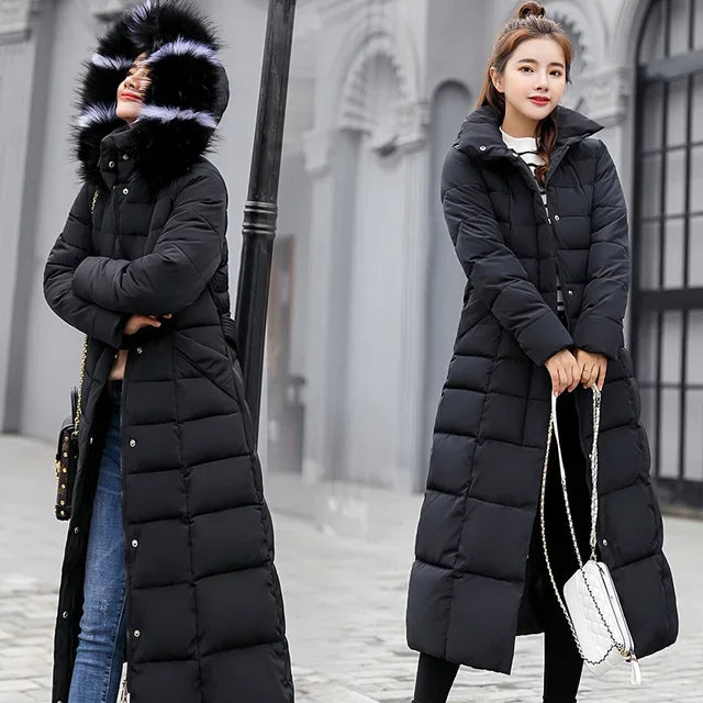 Long Fox Fur Bow Warm Down Coat