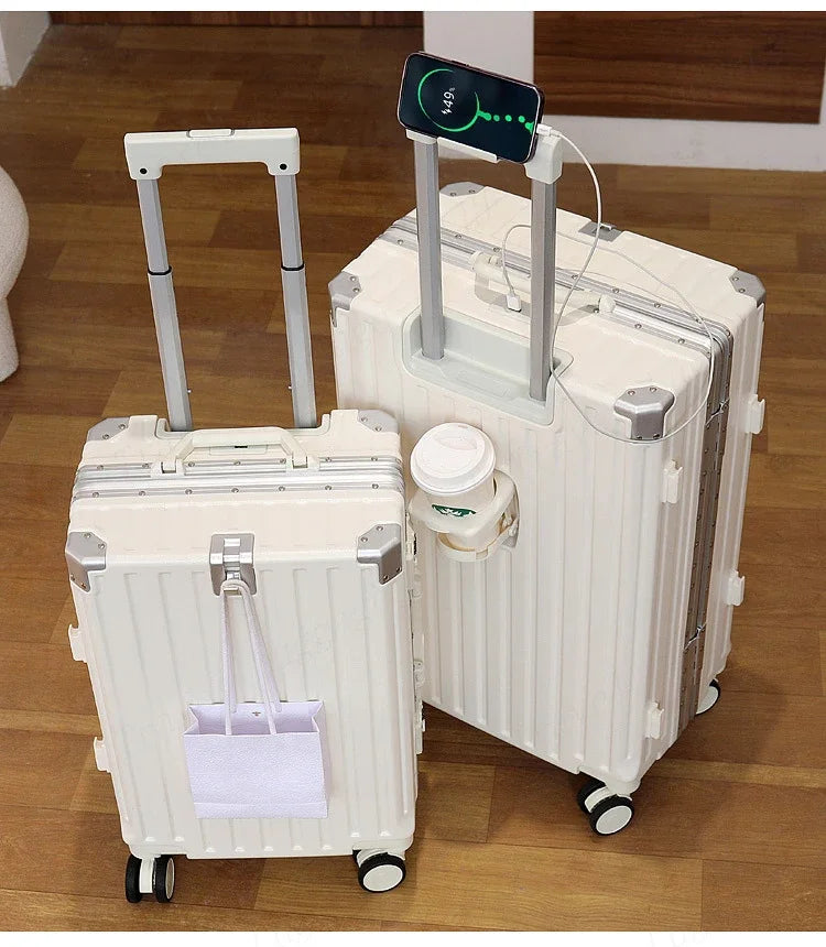 Travel Suitcase with USB Cup Holder, Aluminum Frame