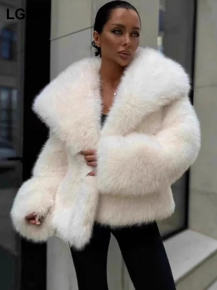 fur turn-down collar coat long sleeve cardigan