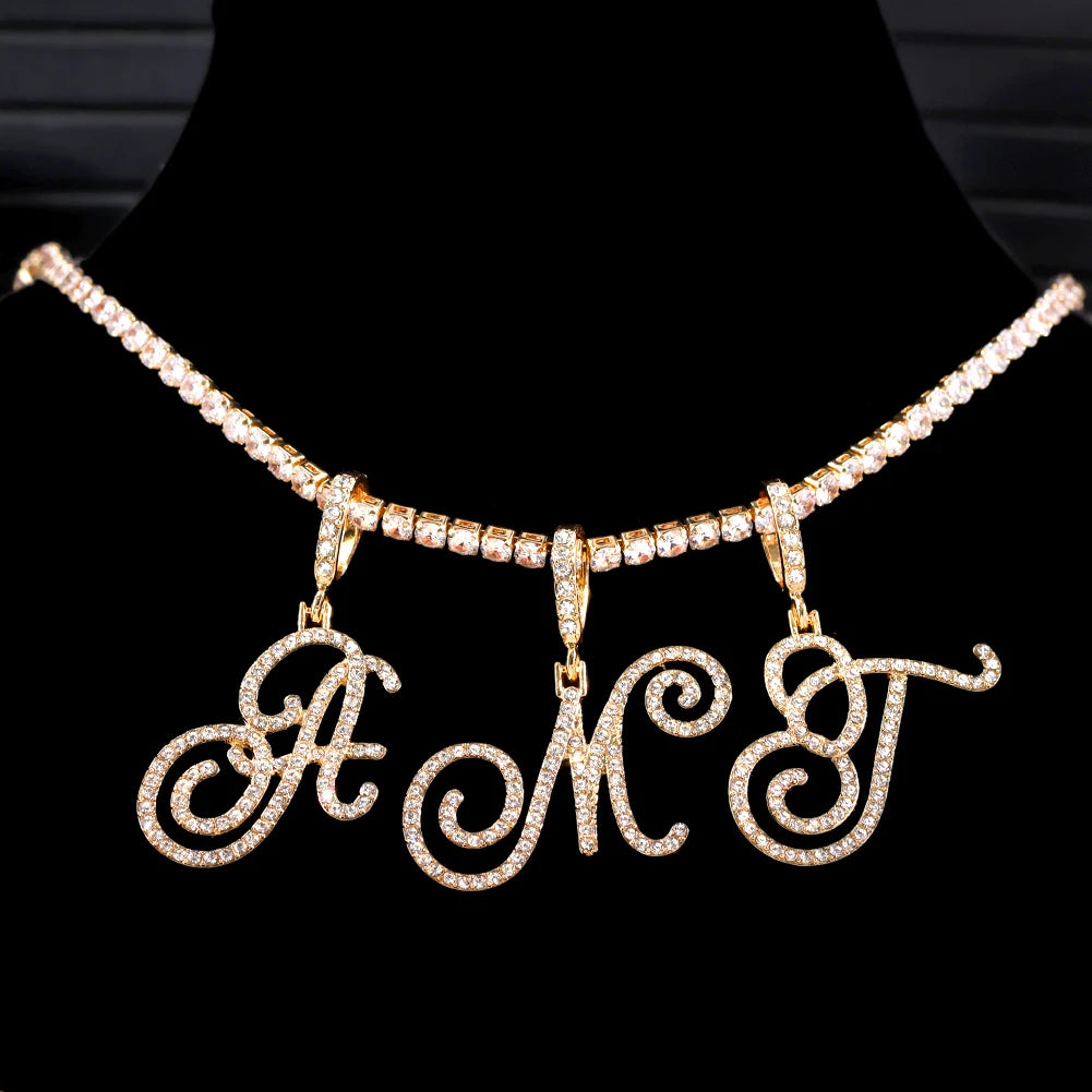 New Cursive Letters Cubic Zirconia Chain Intial Name Necklace Hip Hop Jewelry Gold Silver Color CZ 26 Alphabet Pendant Necklaces