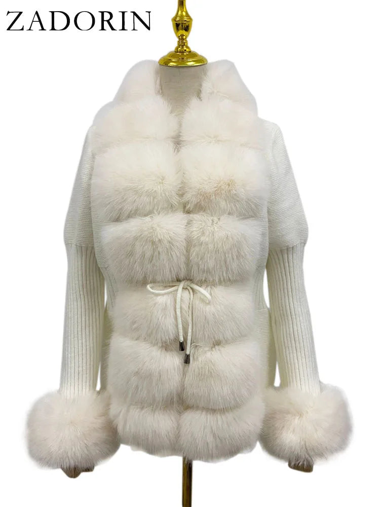 Faux Fur Coat Luxury Knitted Sweater Fur Cardigan Detachable Collar White Pink