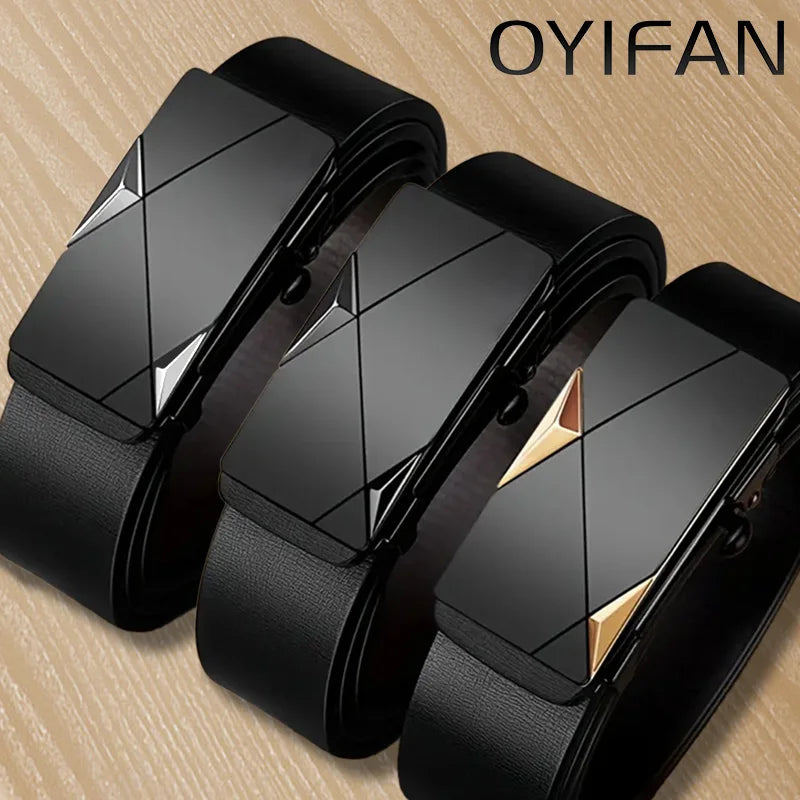 OUYIFAN Men's Fashion Belt Genuine Leather Belt for Men Automatic Buckle Ratchet Belt Random Adjustment