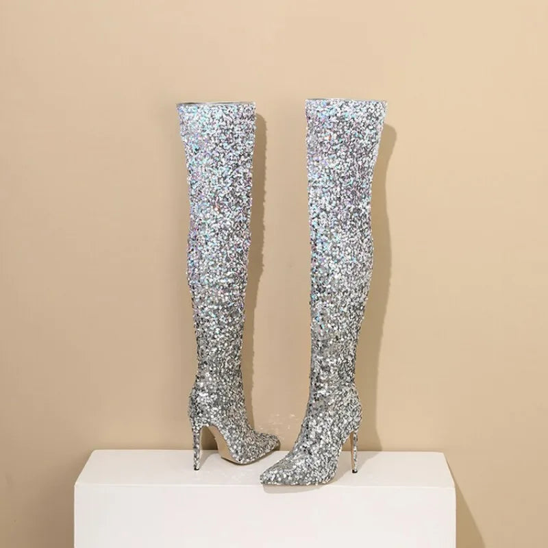 tight sequined thigh boots, gradient