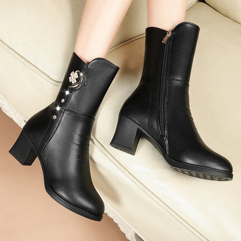 Women Ankle Boots Winter Thick Plush Comfortable High Heels Big Size Outdoor Anti-Skid Warm Middle Boots Botas Mujer Invierno