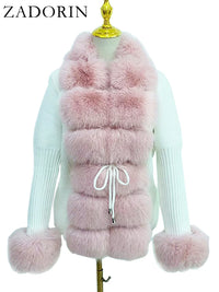 Faux Fur Coat Luxury Knitted Sweater Fur Cardigan Detachable Collar White Pink