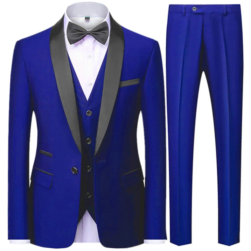 Men’s British Style Slim Suit 3 Piece Set Jacket Vest Pants