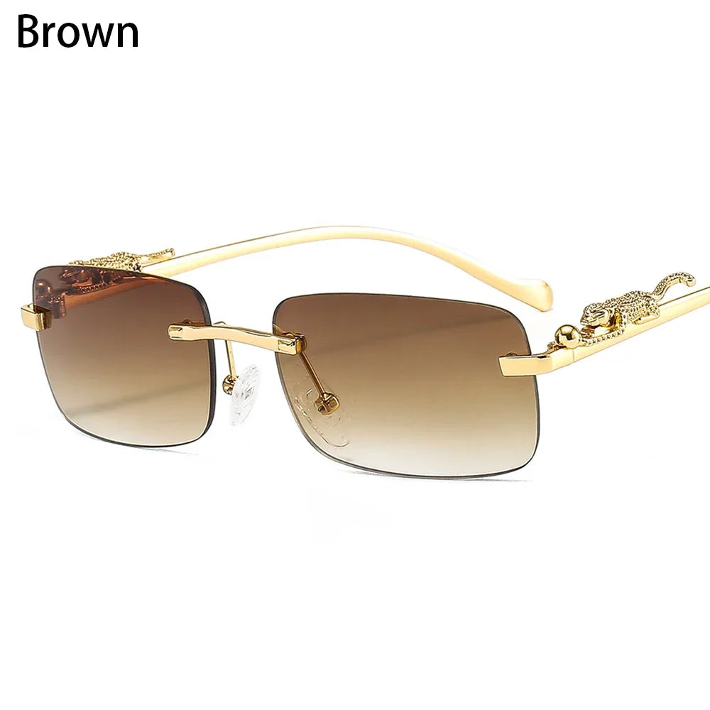 Rimless Square Sunglasses Retro Designer Gold Leopard Style Lenses