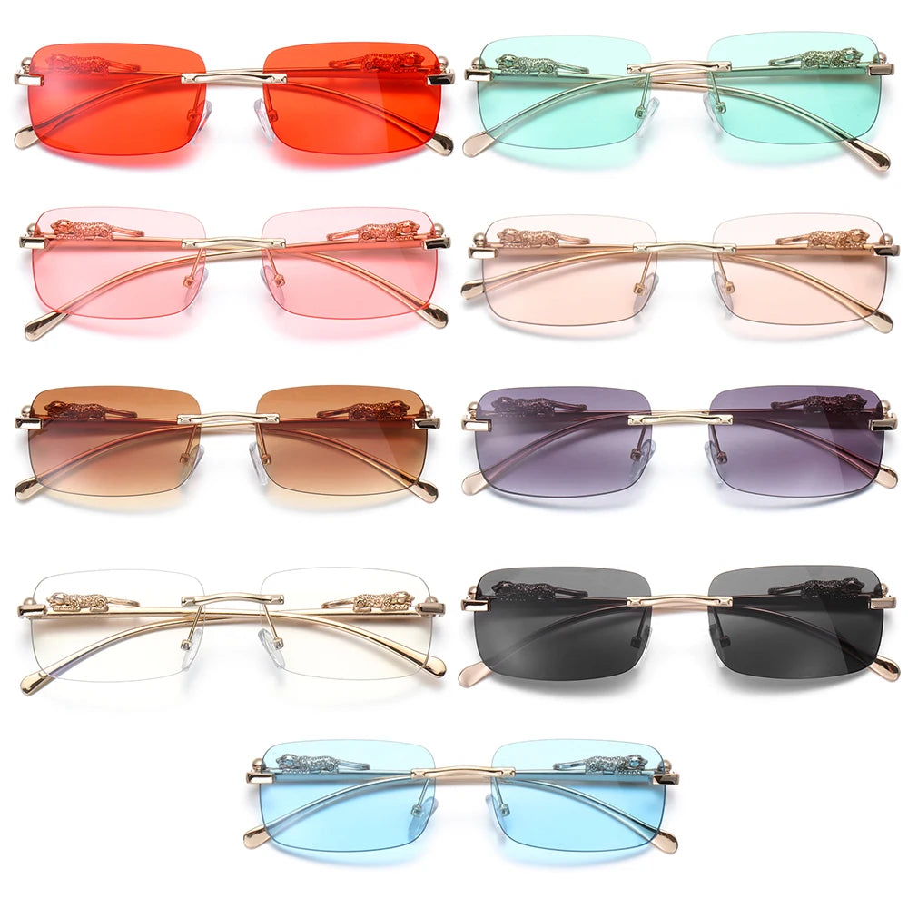 Rimless Square Sunglasses Retro Designer Gold Leopard Style Lenses