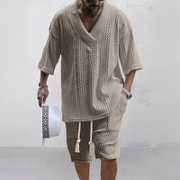 ☀️ 2-piece knitted set – V-neck T-shirt and shorts
