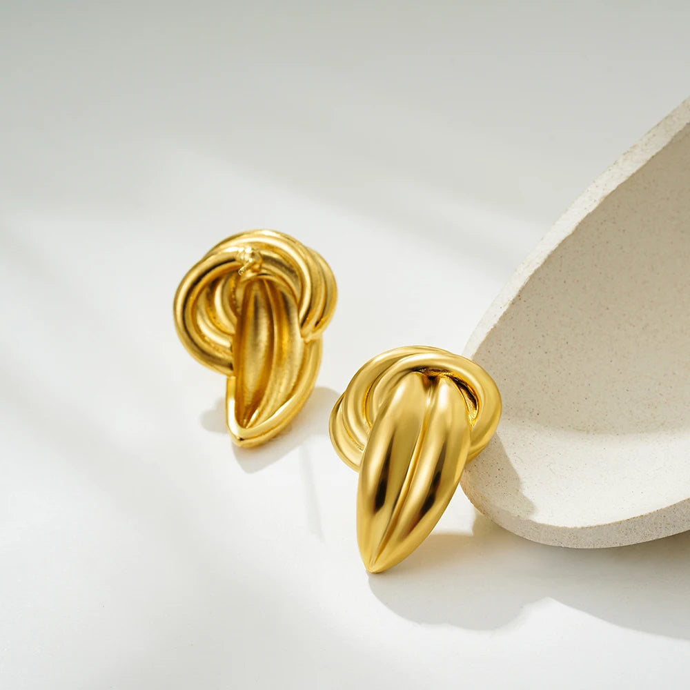 Gold Plated Textured Knot Twisted Geometric Stud Earrings