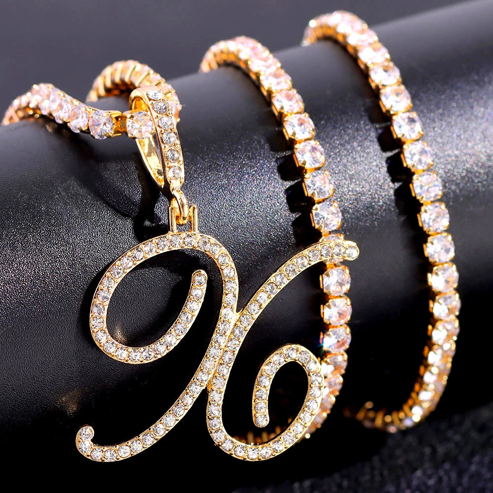 New Cursive Letters Cubic Zirconia Chain Intial Name Necklace Hip Hop Jewelry Gold Silver Color CZ 26 Alphabet Pendant Necklaces