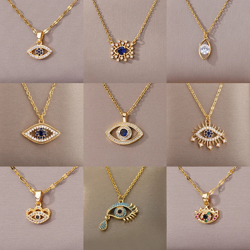 Necklace with Turkish eye pendant in stainless steel gold color