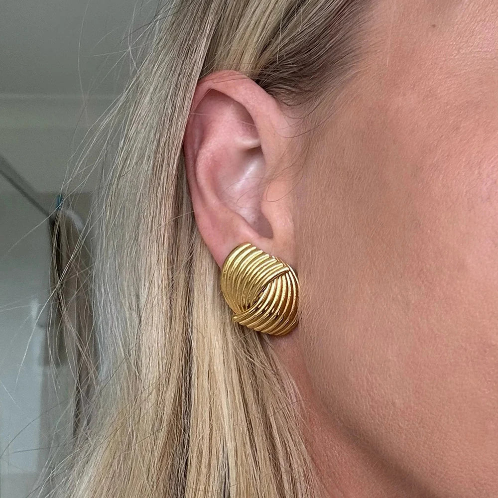 Gold Plated Textured Knot Twisted Geometric Stud Earrings