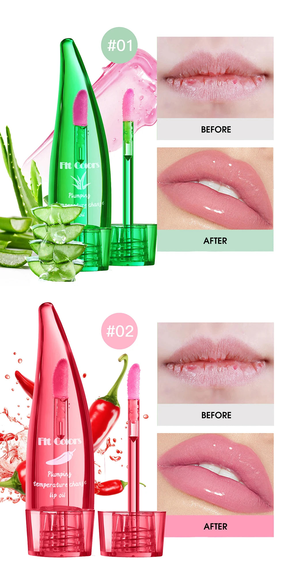 Plumping Lip Oil with Aloe Vera and Chilli | Temperature Activated Color Change | Moisturizing and Hydrating Lip Gloss for Fuller Lips