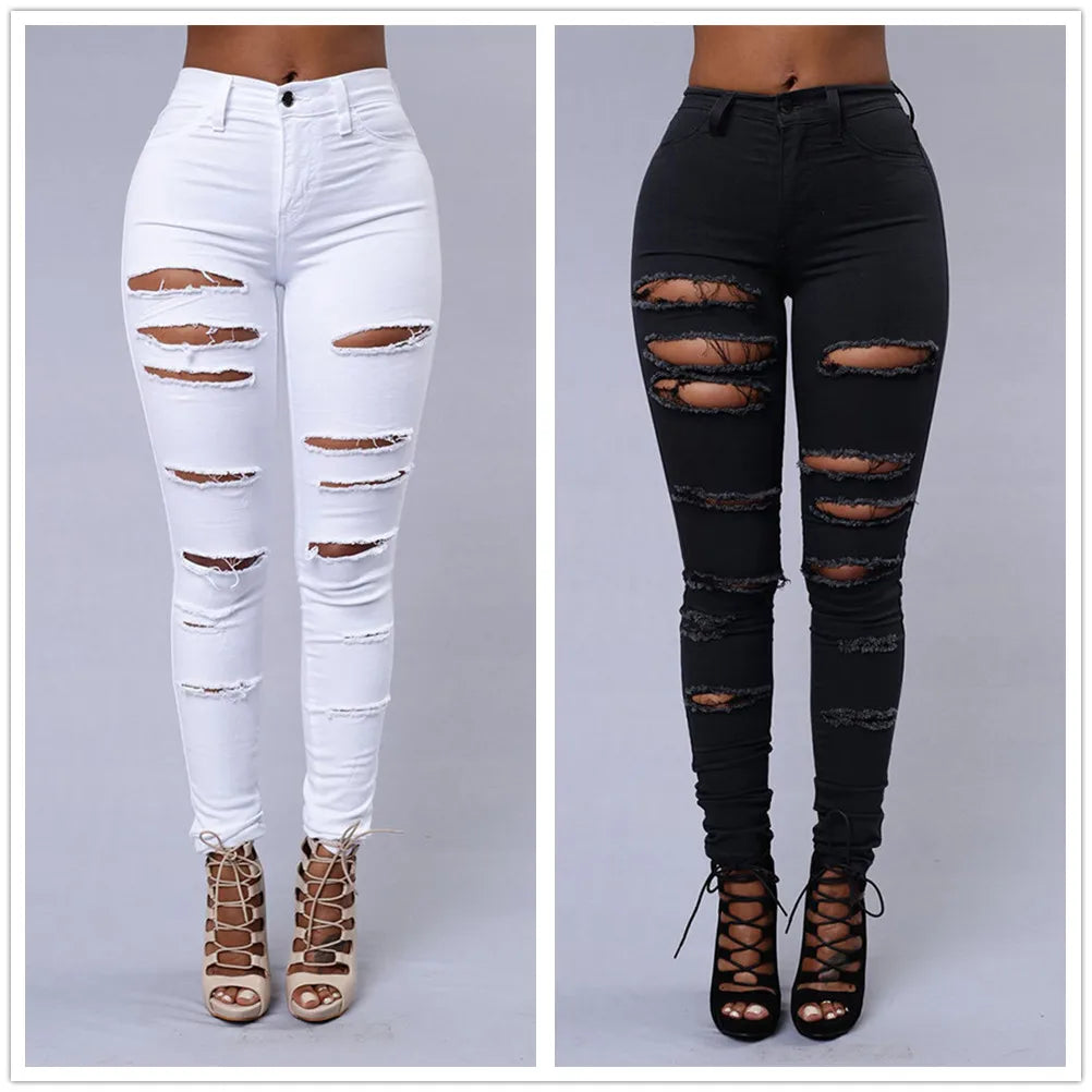 black and white ripped elastic jeans