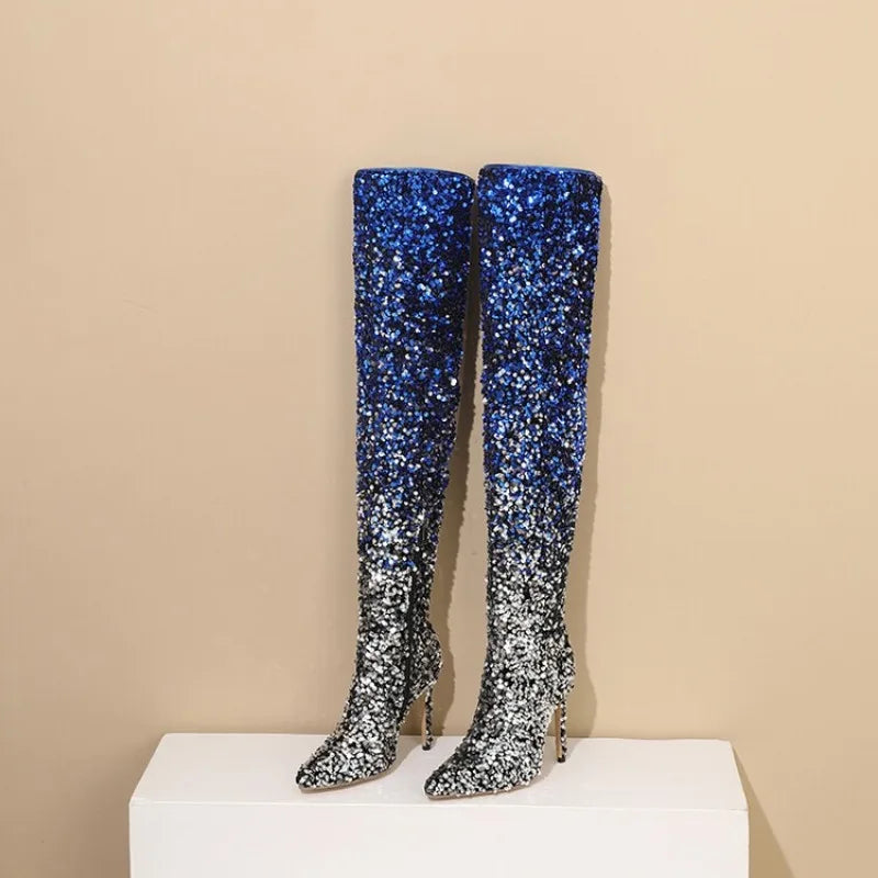 tight sequined thigh boots, gradient