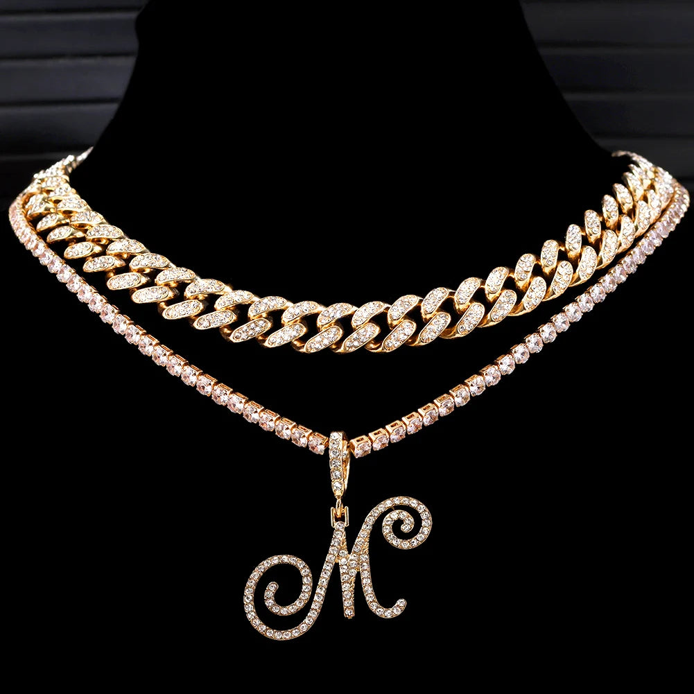 New Cursive Letters Cubic Zirconia Chain Intial Name Necklace Hip Hop Jewelry Gold Silver Color CZ 26 Alphabet Pendant Necklaces