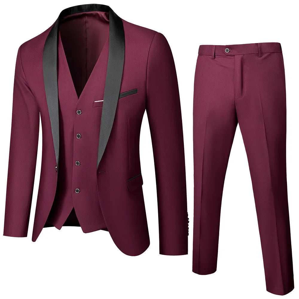 Men’s British Style Slim Suit 3 Piece Set Jacket Vest Pants