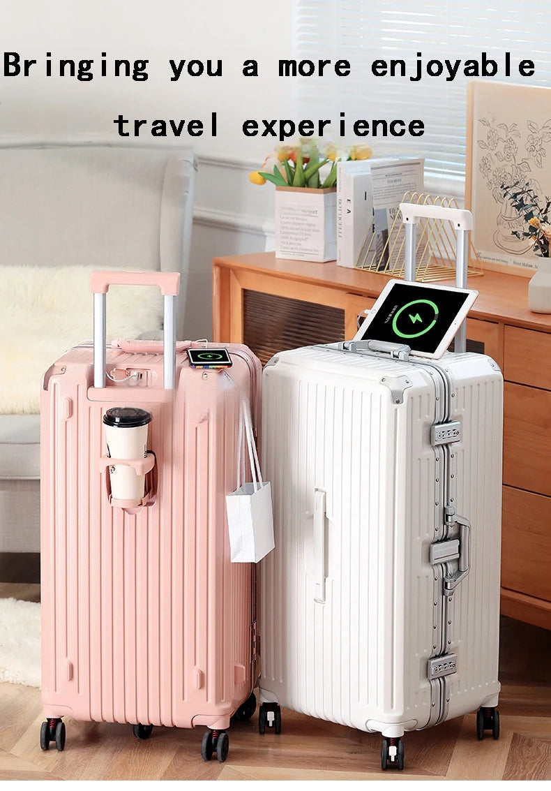 Large Capacity Valise Smart Travel Trolley Suitcase Luggage With USB Charger And Cup Holder