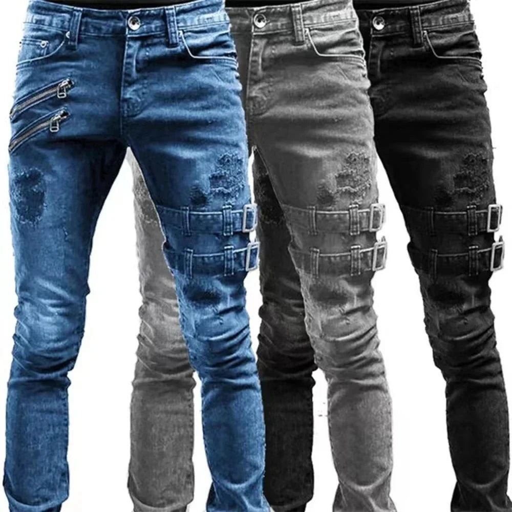 2024 Jeans droits grande taille pour homme, pantalon printemps-été, jeans boyfriend, streetwear, skinny, fermetures éclair, 3 couleurs, pantalon en denim décontracté long