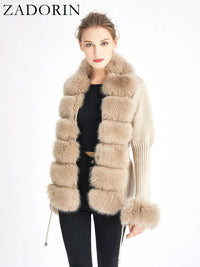 Faux Fur Coat Luxury Knitted Sweater Fur Cardigan Detachable Collar White Pink